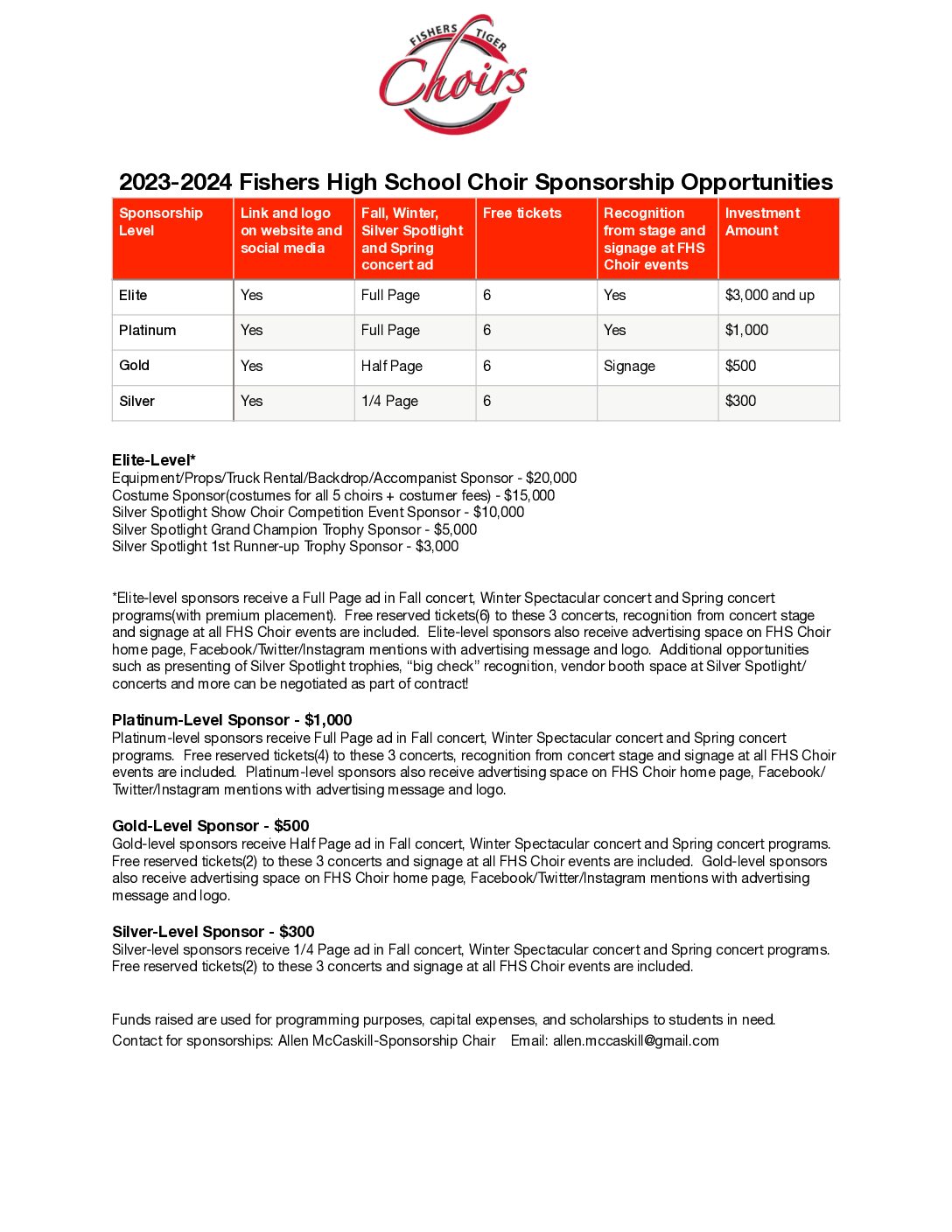 2023-24 FHS Choir Sponsorship Levels